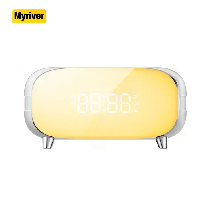 Myriver 3D Tijd Temperatuur Display Houten Digitale Leuke Uitdrukking Dual Alarm Snooze Functie Klok Met Draadloze Chargercube