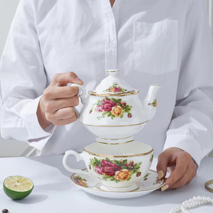 奢华骨瓷茶咖啡杯套装，优雅的乡村玫瑰图案新设计金色手柄和茶托 - Product Image 2
