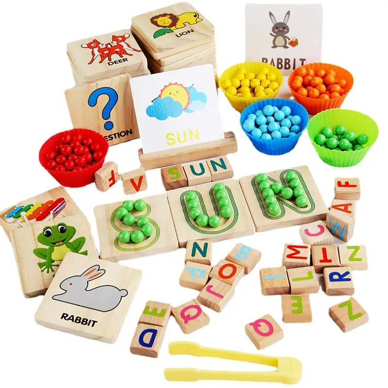 Wooden Kids Alphabet Spelling English Words Matching Game Wood Baby Other Educational Clip Beads Toys For Boys And Girls