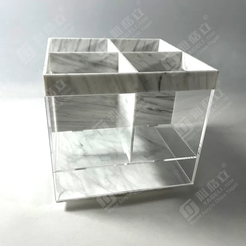 Yageli scatola portaoggetti in acrilico trasparente a 4 strati con Base rotante liscia a forma di cubo con divisori rimovibili con motivi in marmo