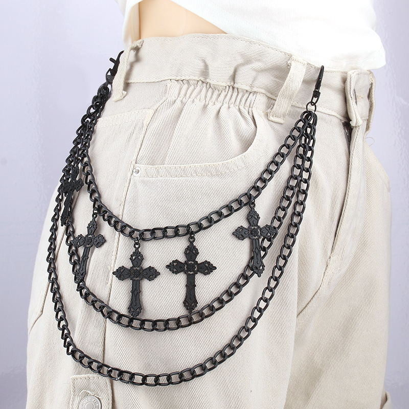 Chaîne de pantalon multicouche en forme de croix, noire