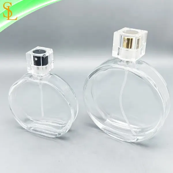 Botol parfum wanita, botol parfum semprot botol parfum 50ml 100ml kaca kosong bening bulat datar kualitas tinggi untuk kotak kemasan