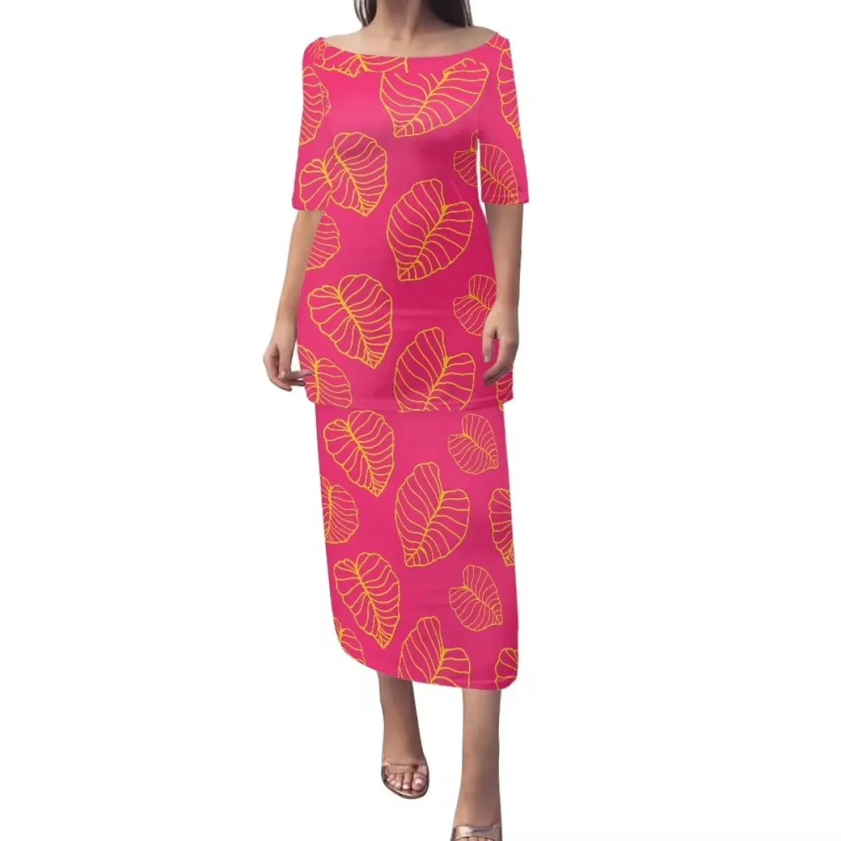 Customized Cayenne Print Dress Island Style Short Sleeve One Shoulder Long Skirt Suit Western Polynesian Clothing Wholesale