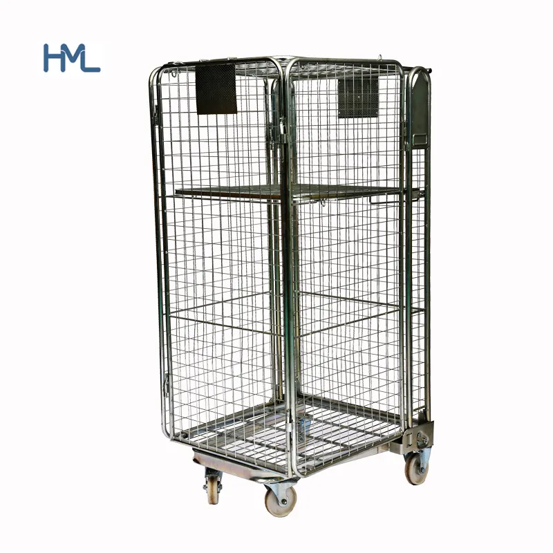 Z/ A base frame steel transport foldable wire mesh roll container for warehouse