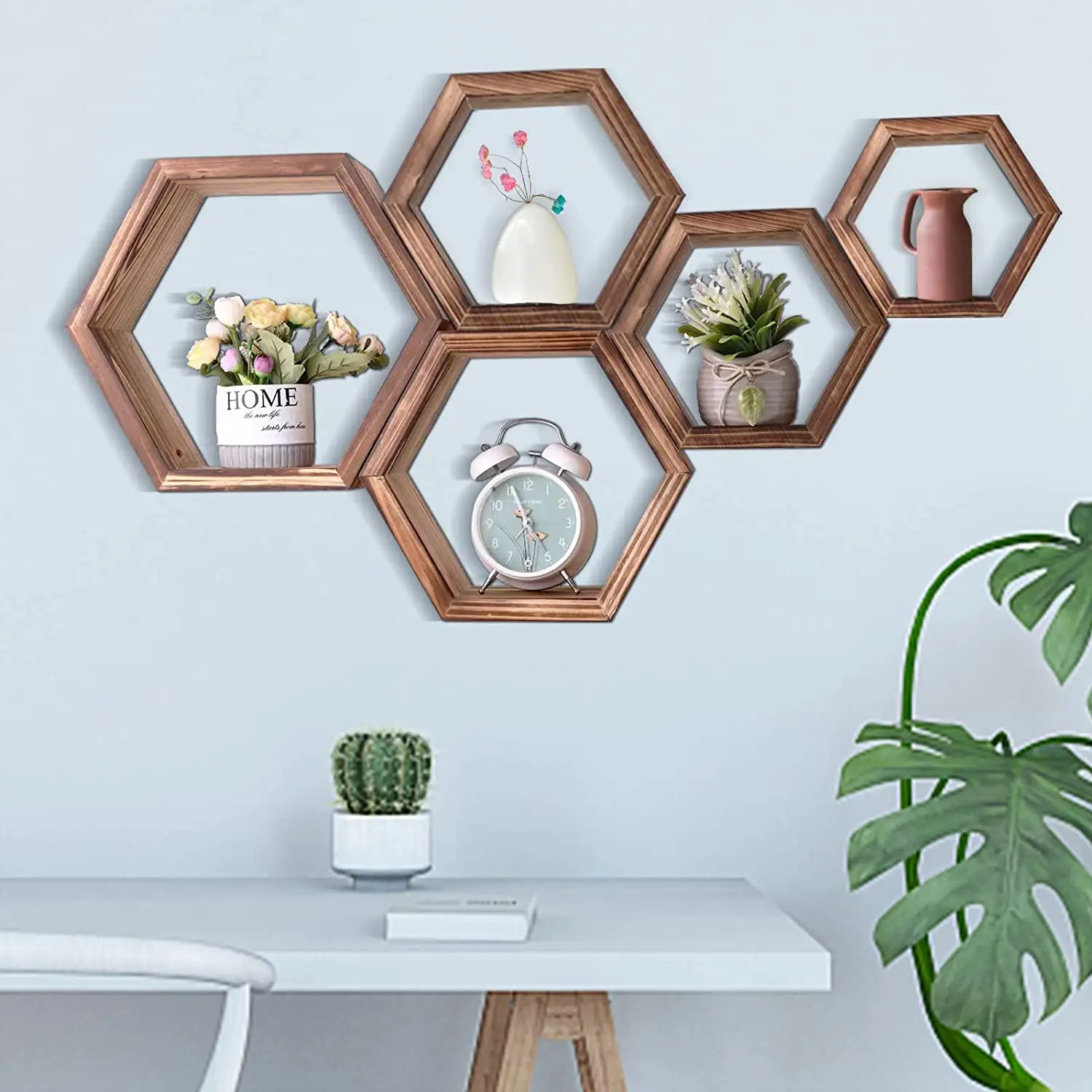 Estantes de panal de madera personalizados, estantes flotantes hexagonales de madera montados en la pared, estantes de exhibición hexagonales para decoración de pared del hogar