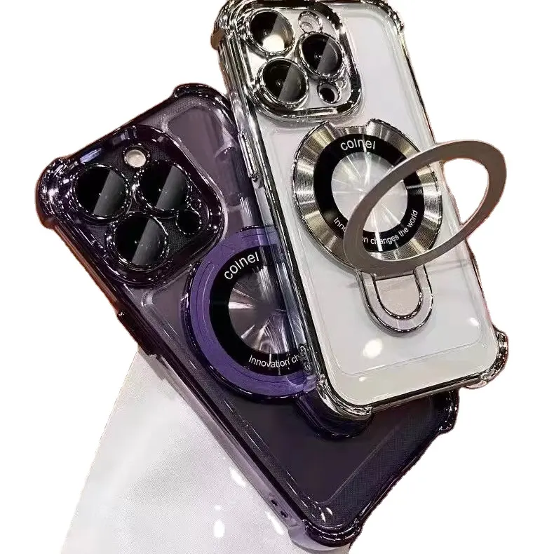 Nueva funda de acrílico transparente a prueba de golpes con soporte de anillo de Metal funda de teléfono galvanizada para iPhone 11 12 13 14 15 Pro Max