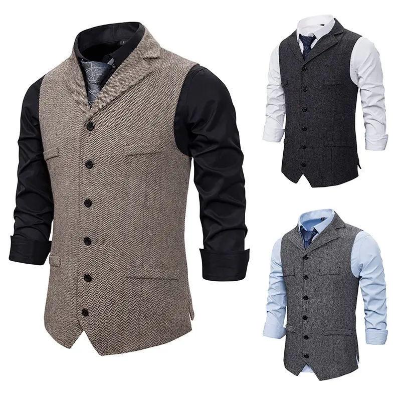 Trajes de boda para hombre, chaleco de Tweed con diseño de espiga, bolsillo decorativo, informal, ajustado, Formal, de negocios