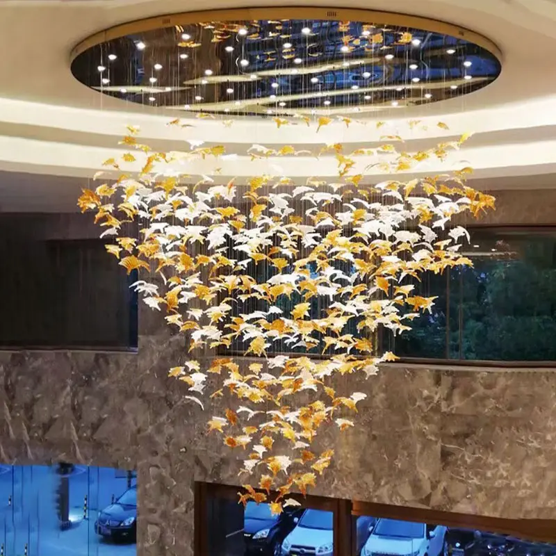 Stile nordico decorazione personalizzata Hotel Lobby lunga scala lusso foglia oro Led lampadario lineare luce pendente