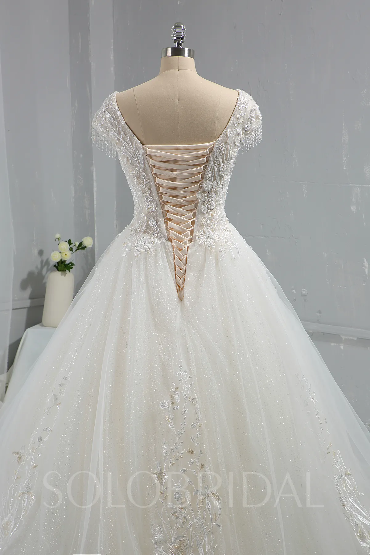 Light champagne ball gown shiny lace wedding dress