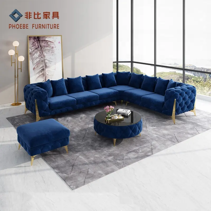 Canapé chesterfield en forme de L en velours bleu rose traditionnel de luxe définit des meubles de salon avec des jambes dorées