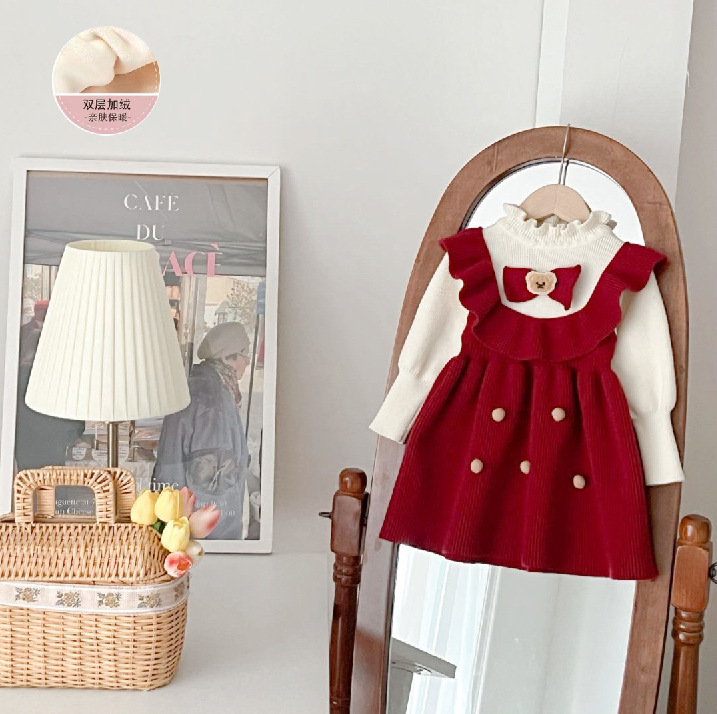 Fleece-lined red lace bear bow tie dress