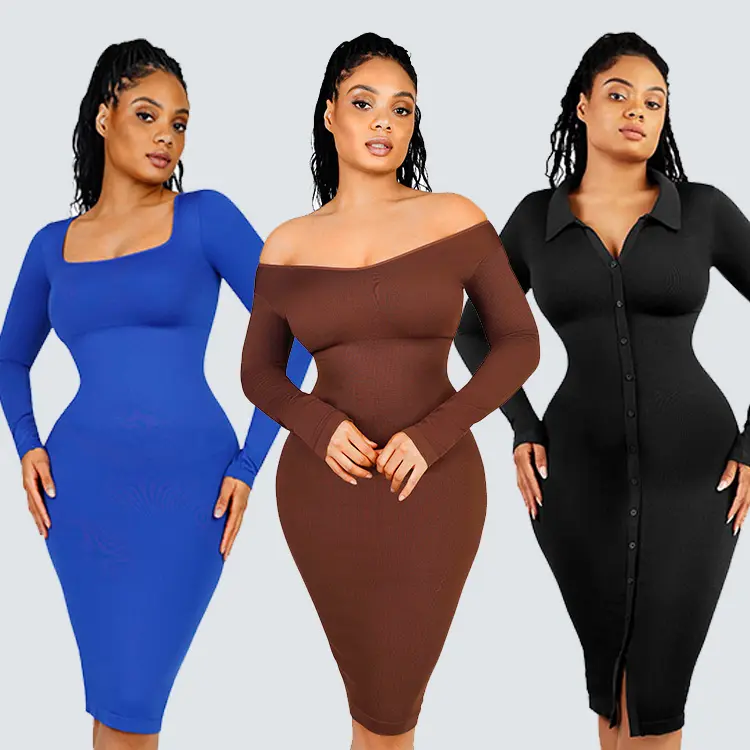 Serviço personalizado Mulheres Shapewear Tummy Control Outwear Vestido Mulheres Body Shaper Shapewear Vestido Manga Longa Midi Bodycon Dress