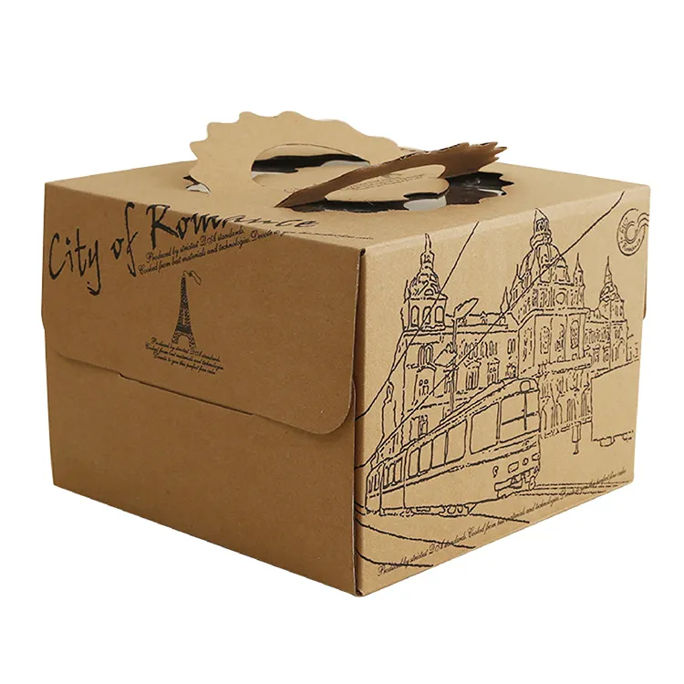 Оптовая продажа, большая коричневая упаковочная коробка из крафт-бумаги для торта на день рождения с ручкой
