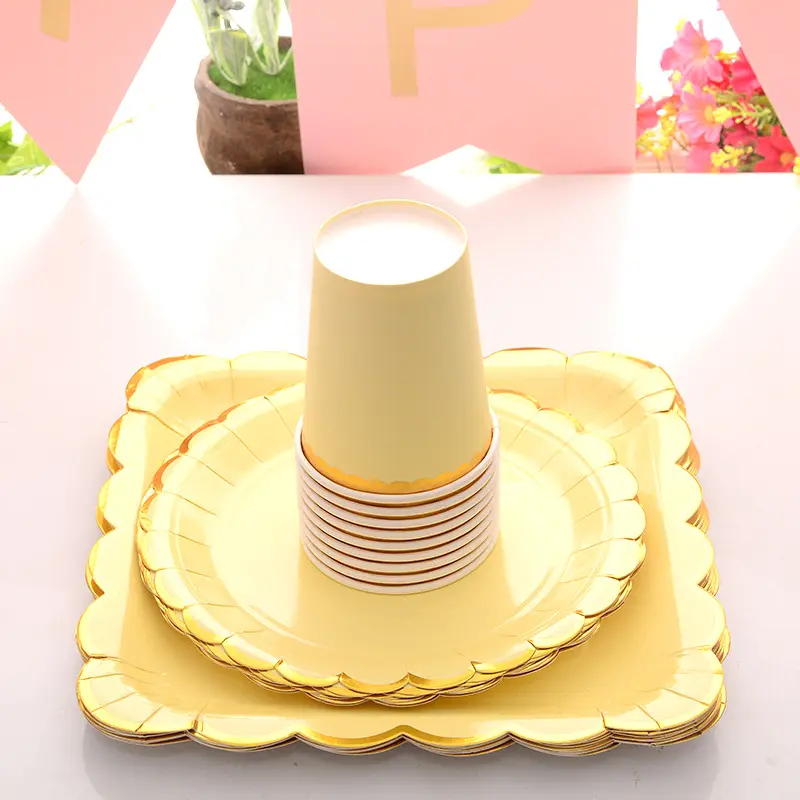 Compostable Flower Design Wedding Cake Paper Plates Decorative Cups and Plates Children Gold Edge Birthday Paper Plate