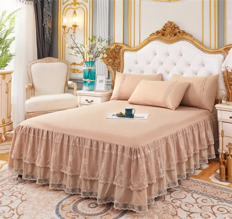 Hotel puro impresión Rosa blanco doble estilo encaje ropa de cama sábana falda