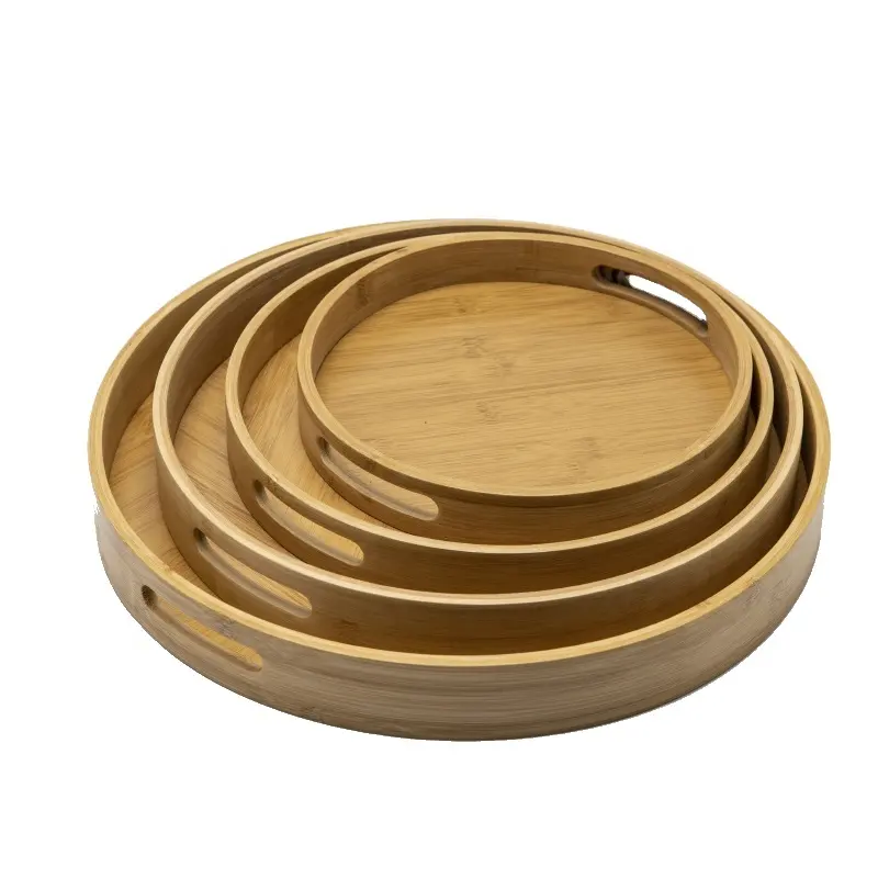 Conjunto de bambu bandeja redonda de materiais primas, bandeja de bambu com alças para mesa de café alimentar