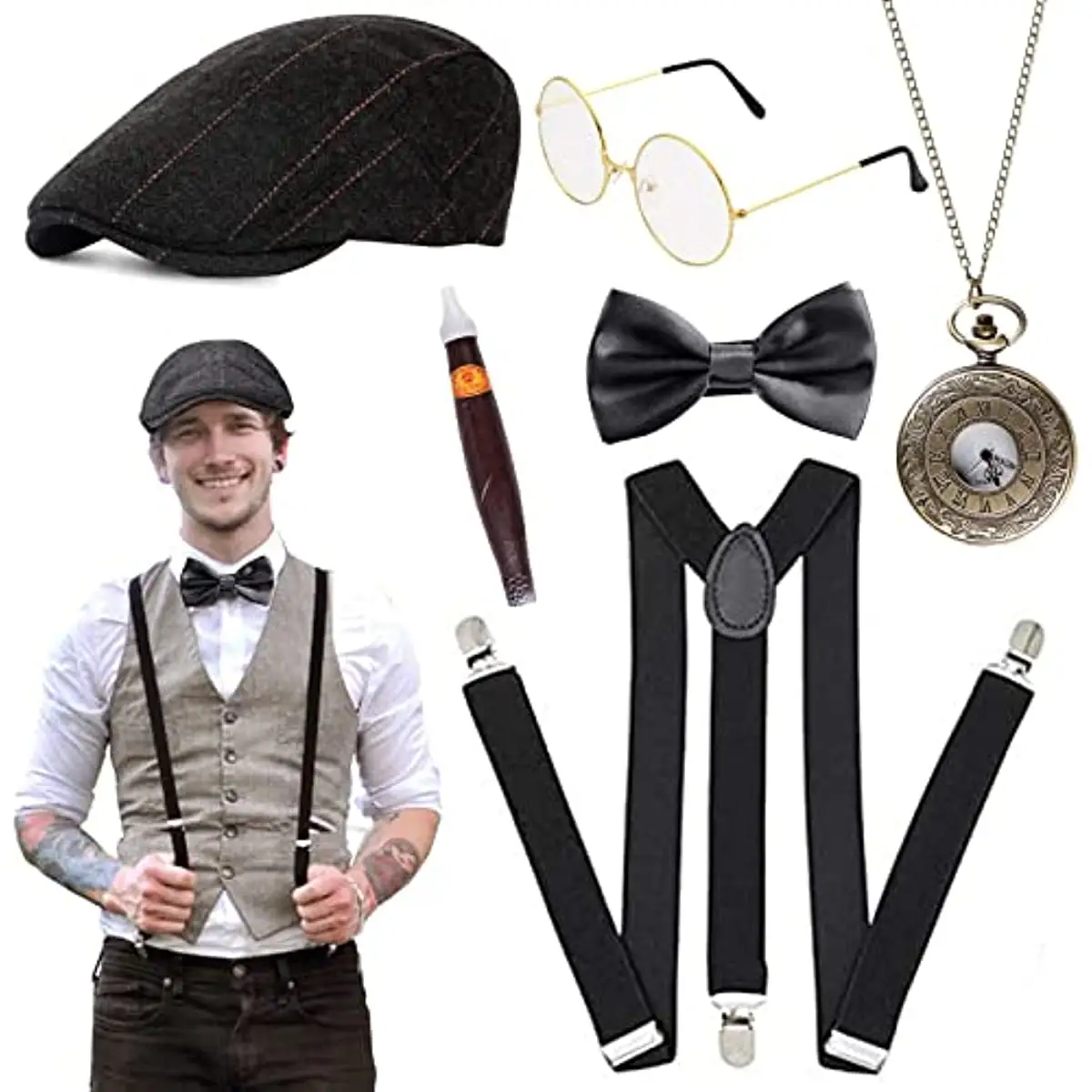 1920s traje de fantasia gangster gatsby, conjunto de fantasias com chapéu do panamá, suporte de bolso para eventos de cosplay