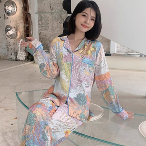 热销休闲春秋时尚缎面女式睡衣冰雪丝绸提花薄长袖家居服套装