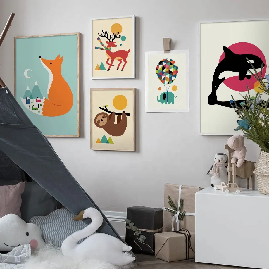 Pintura en lienzo de arte de pared carteles nórdicos y Mural imágenes de dibujos animados de zorro, alce, mapache, Koala, estampado Animal, decoración para habitación de Bebé y Niño