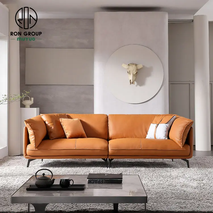 Commercio all'ingrosso su misura moderno appartamento mobili arancione italiano reclinabile in pelle di vacchetta Design reale divano soggiorno divani