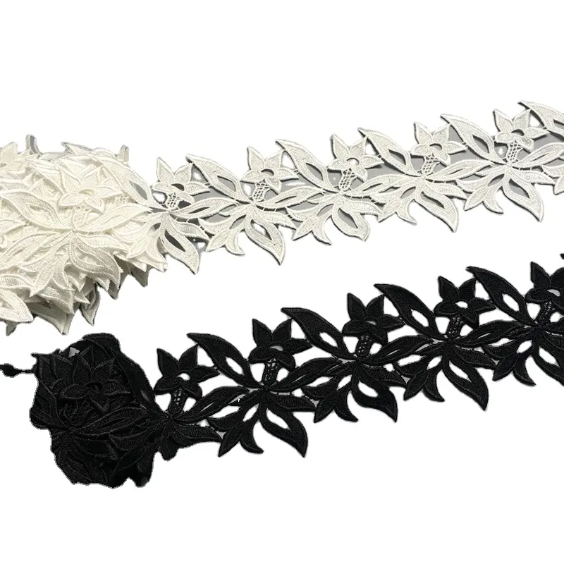 Anpassbare 12cm schwarz-weiße Polyester bestickte Guipure-Spitzen besatz dekoration für Kleidungs kleid