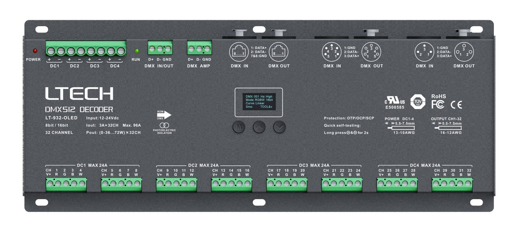 LT-932-OLED/RGBW 16bit 3A*32CH Máx.96A Máx.2304W
