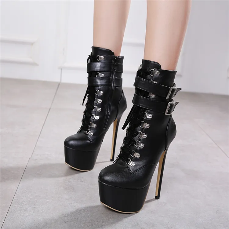 Fashion Sexy Motorcycle Boots 16センチメートルSuper High Heels LaceアップPlatform Boots Women Gothic Bottines Black Buckle Shoes