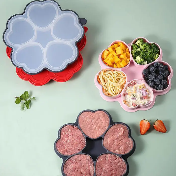 5 khoang hình trái tim không có thanh đông lạnh bánh hamburger patty lưu trữ container Silicone Burger Báo Chí trượt khuôn cho Xúc Xích Thịt bò