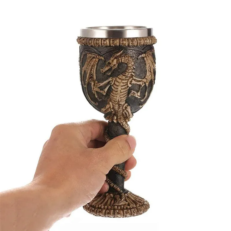 Copo de resina esqueleto dragão voador caveira copo de aço inoxidável design criativo decoração de mesa 3D vintage copo de vinho medieval presente