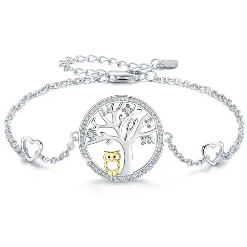 Gufo albero della vita con bracciale a cuore 925 argento Sterling zircone cubico due toni bracciale alla moda gioielli