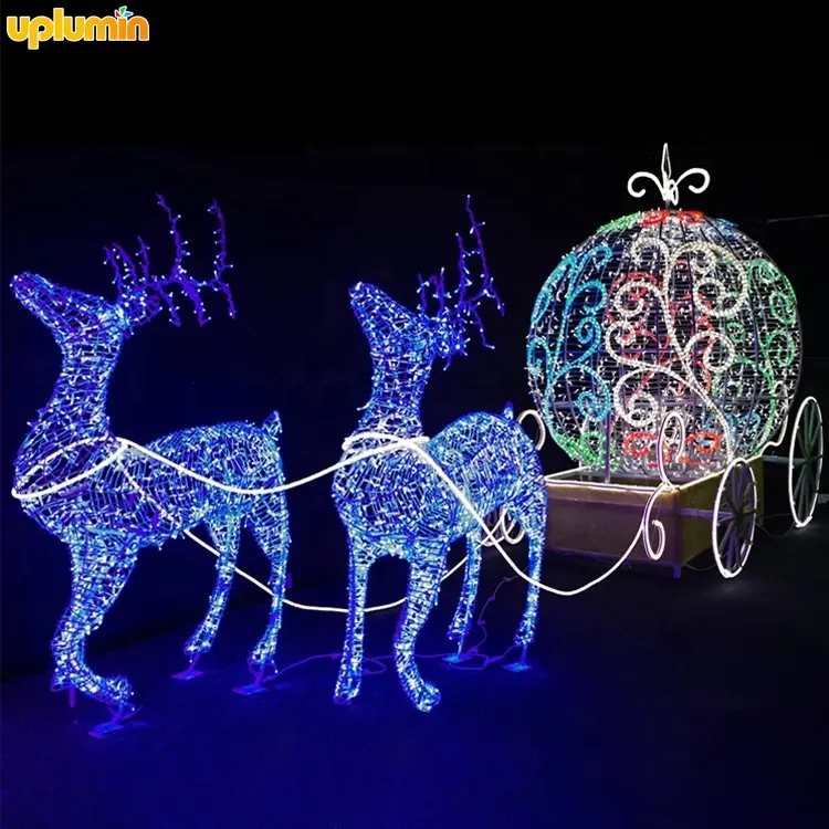 Venda quente ao ar livre grande Natal trenós renas 3D LED Elk estátua luz motivo grande Santa cervos Xmas decoração