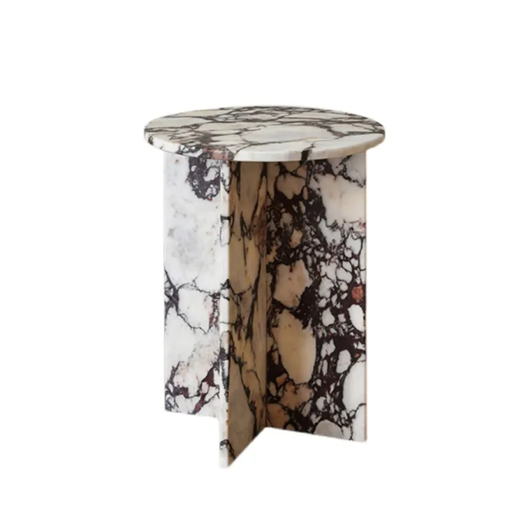 Özel calacatta viola mor damarlar mermer yan yuvarlak demir ev mobilya sehpa lüks beyaz mermer İskandinav masa