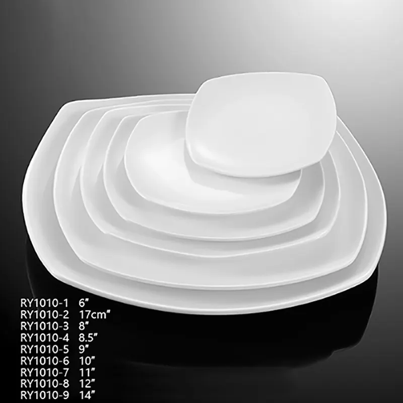 Piatto in ceramica stoviglie stoviglie vendita calda hotel usato piatto da buffet bordo curvo piatto da pranzo quadrato in porcellana bianca