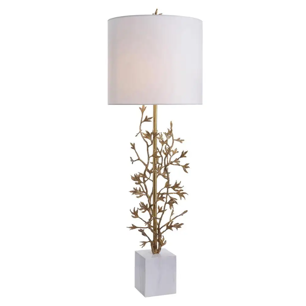 Diseño sólido latón árbol rama hoja mármol blanco Base Beige tambor cortina restaurante lámpara de mesa
