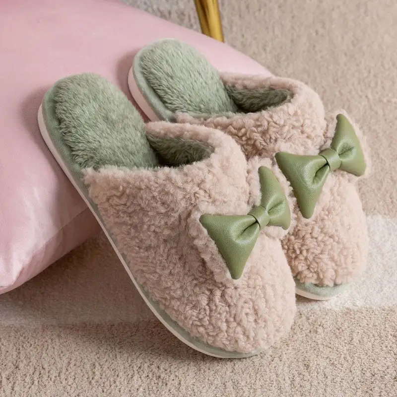 Pantofole carine da donna invernali calde scarpe piatte da donna Bowknot in peluche pantofole da interno per la casa da donna scarpe da casa femminili pantofole da ragazza