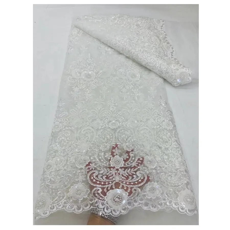 Apliques de boda de Color blanco, tela de encaje bordada a mano, bonito patrón de malla, Perla de encaje con cuentas