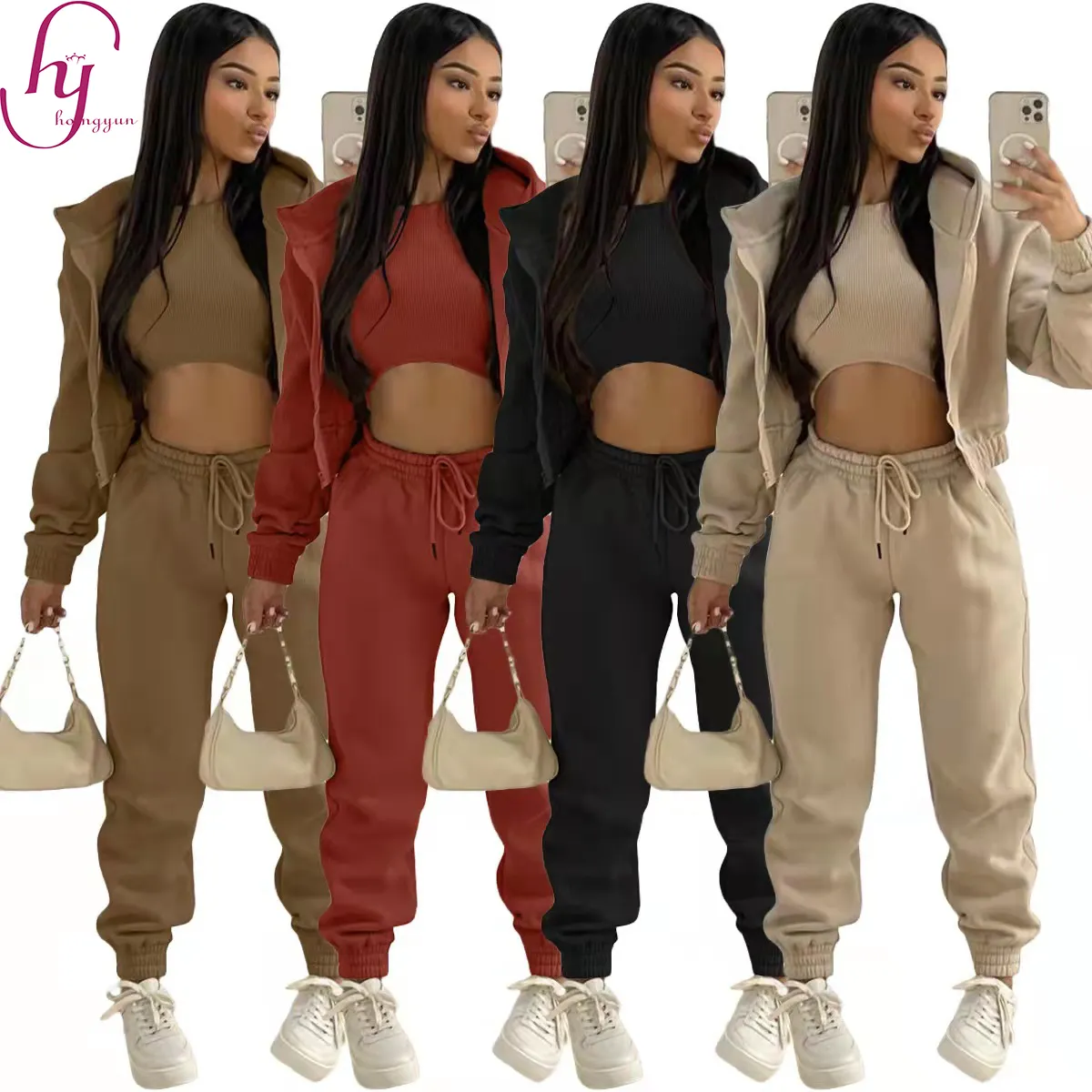 2022 new arrival autumn winter women clothing plus velvet sweater women 3 pieces sets sport casual pocket hooded tracksuit set