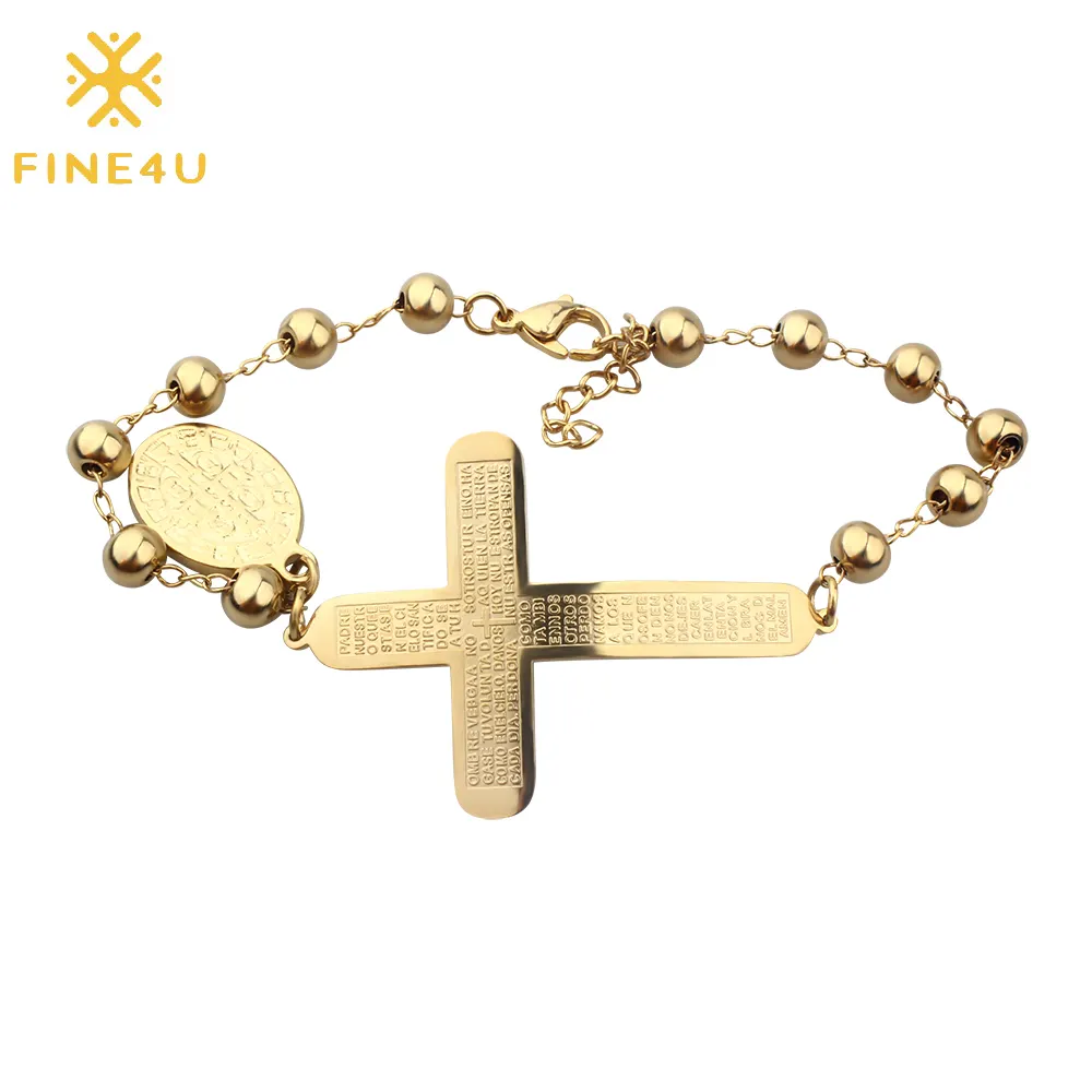 Jóias religiosas Aço Inoxidável Oração do Senhor Bíblia Verso Chrsitian Católica Rosário Beads Cruz Pulseira