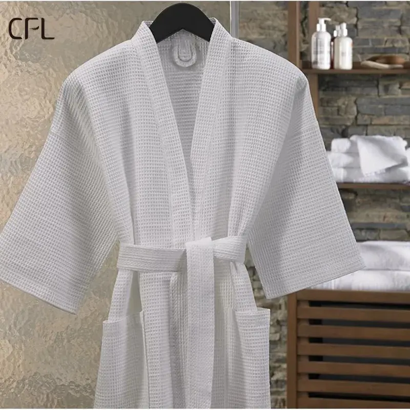 Peignoir de bain 100% coton blanc gaufré, super absorbant, personnalisé, oem, pour femmes et hommes