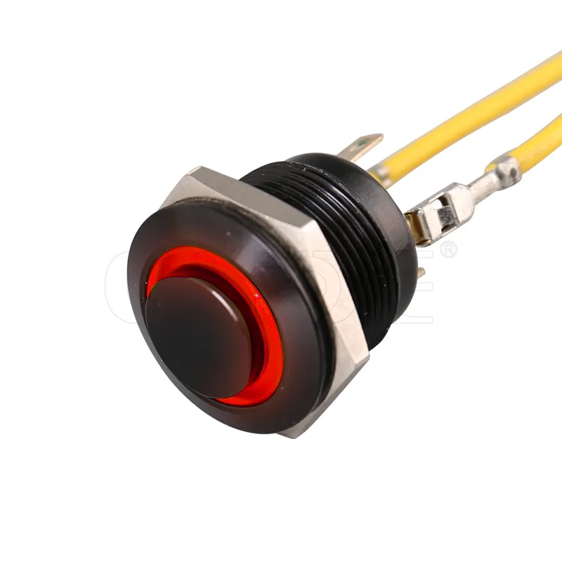 Anel de cabeça alta, concha preta 19mm, led, botão momentâneo iluminado, lâmpada vermelha, 24 volts, interruptor de metal