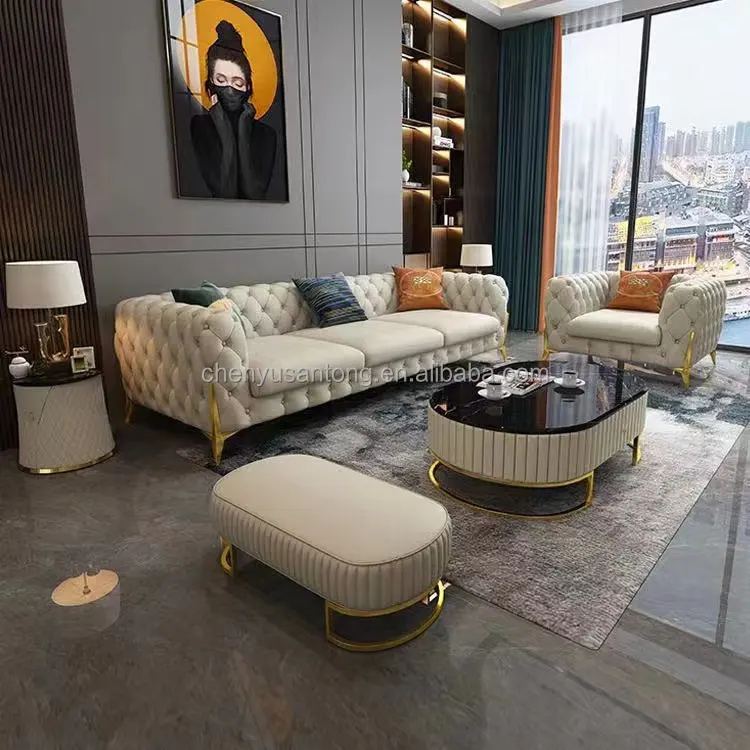 Mobili per la casa set di divani Chesterfield Design Royal Luxury Gold foot soggiorno set di divani in velluto di pelle