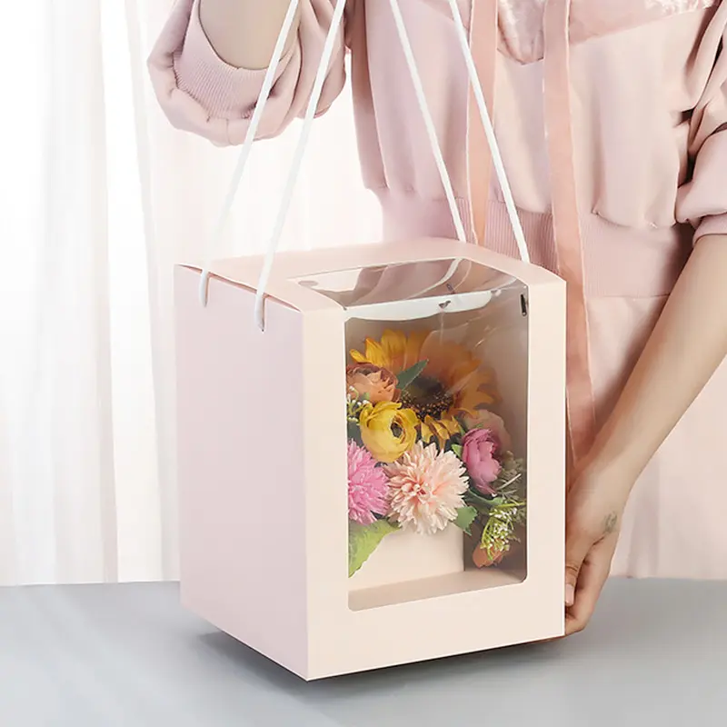 Rose Flower Packing Gift Paper Bags Square Shape Portable Floral Boxes With Clear Window