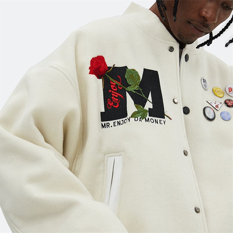 OEM Custom Embroidery Varsity Jackets Winter 100% Wool Rose Fleece Letter Bomber Jacket 6