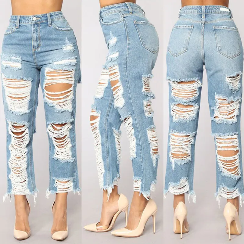 DiZNEW Jeans Strappati Per Le Donne Blu Allentato di Modo Delle Donne A Vita Alta di Nuovo Stile Jeans Larghi Delle Donne Pantaloni Casual Jean