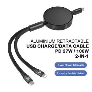 PD 27W PD 100W 2 en 1 Tipo-C a Tipo-C Cable de datos de carga USB Retráctil PD 27W Tipo-C Cable de carga múltiple para iPhone