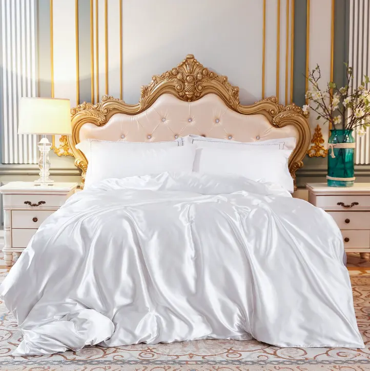 Conjunto de cama liso de cetim 3/4 peças, cama queen size gêmea macia para casa