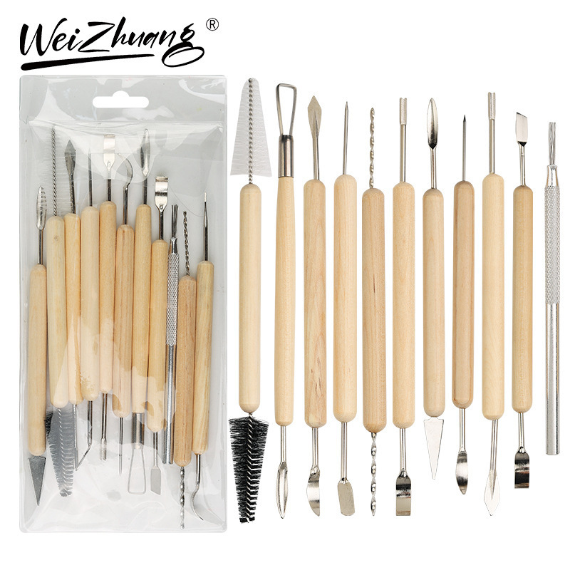 Ensemble d'outils en bois pour argile, 11 pièces - Couleur bois naturel