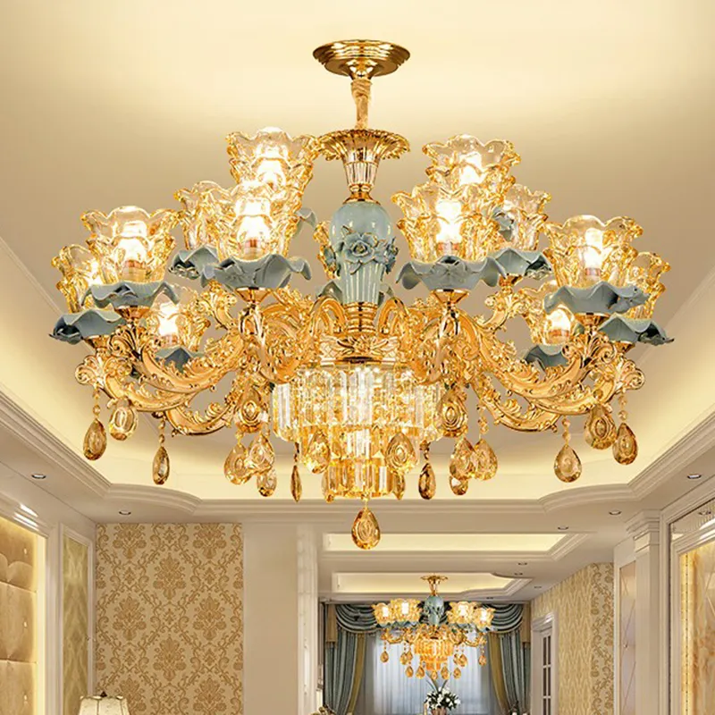 Lampu Gantung Rumah Desain Sederhana Lampu Hias Hotel Mewah Emas Zinc Alloy Led Kristal Ruang Tamu Modern Chandelier