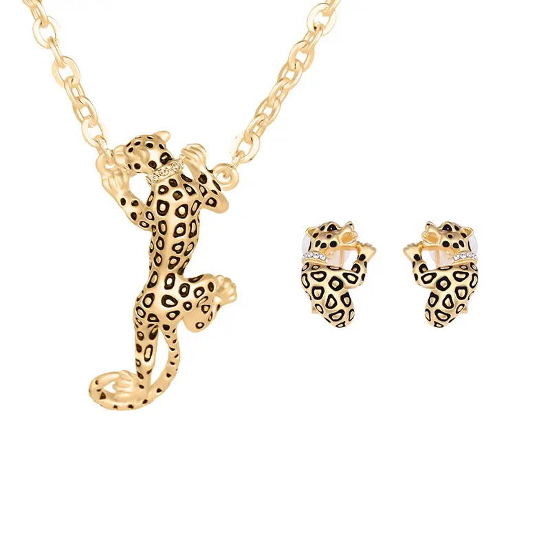 Conjunto de joias de leopardo femininas, conjunto de joias fashion com colar e brincos para mulheres, acessórios de casamento e festa, 2020