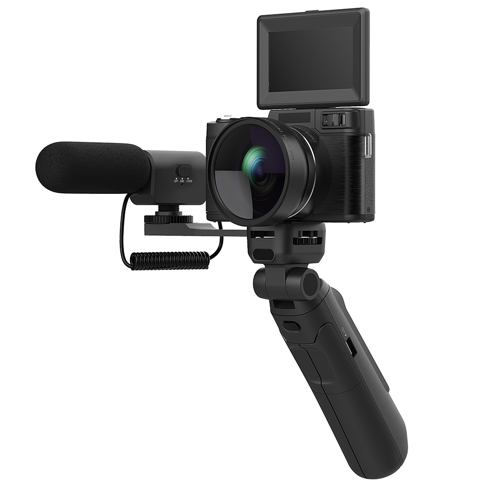 Black camera with lens , tripod,Microphone